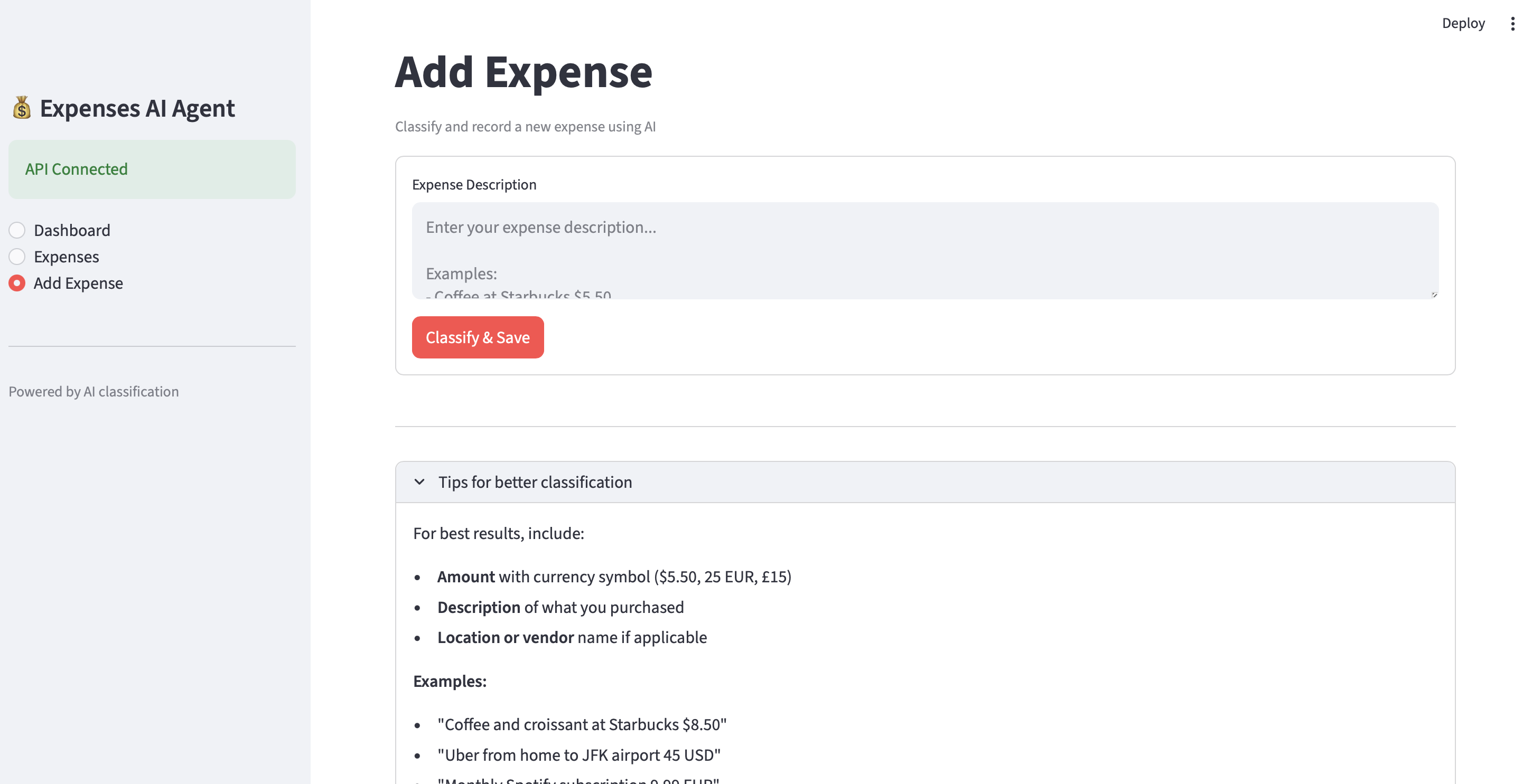 AI-powered expense classification form