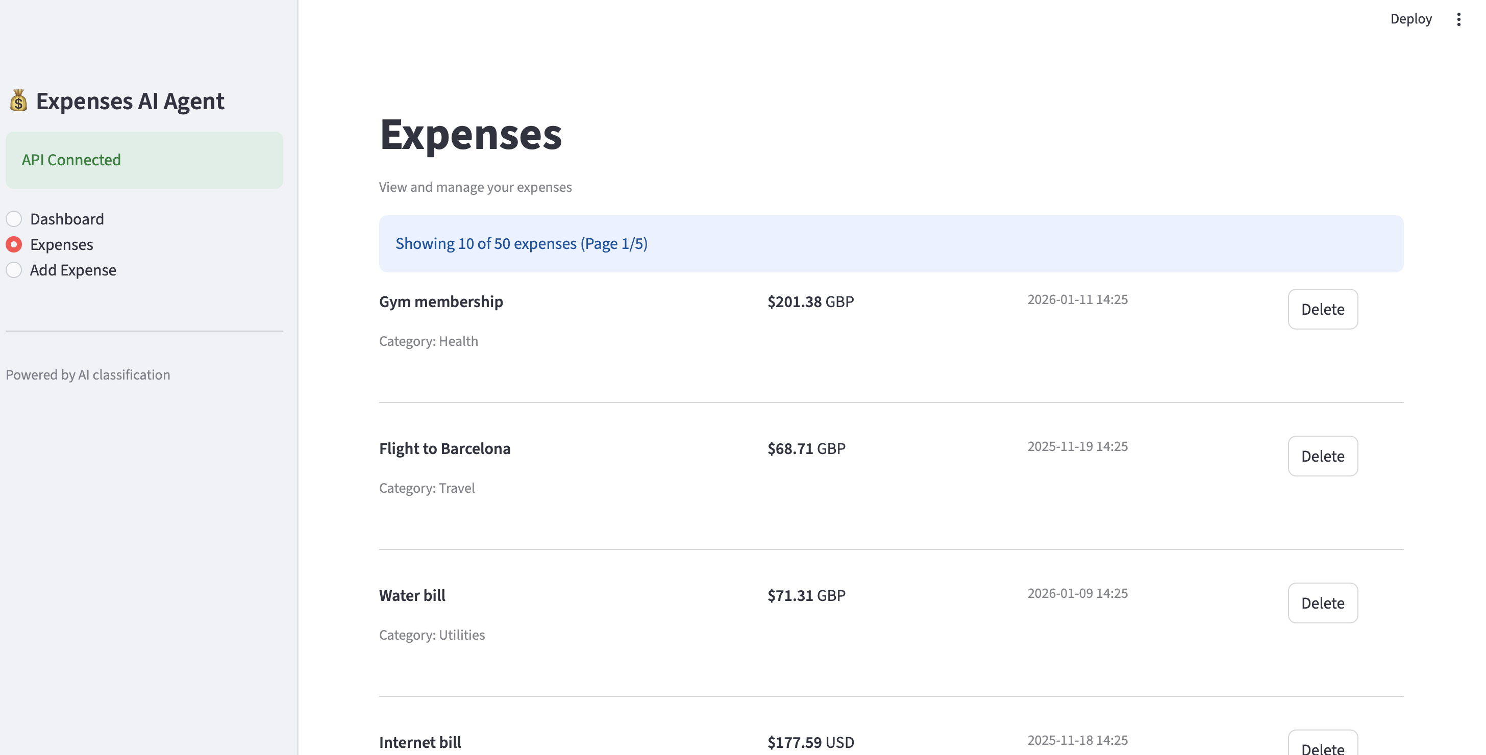 Expense list with categories and pagination