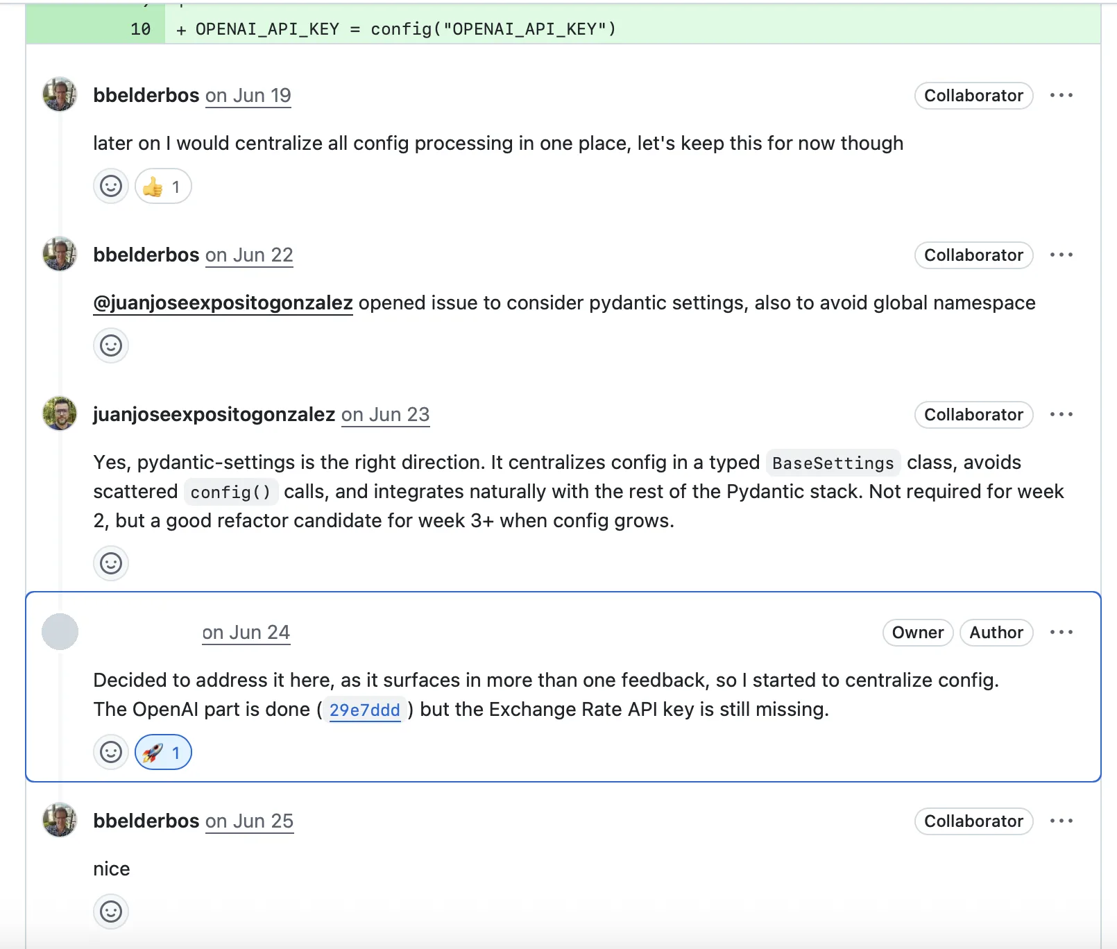 Review thread: a config suggestion the student turns into centralized settings