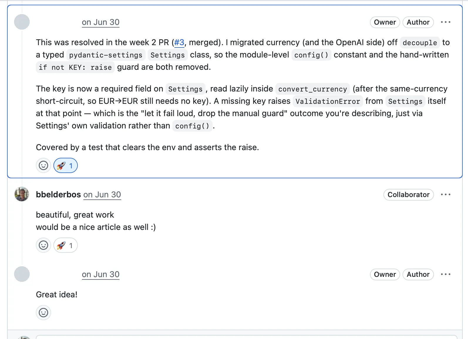 Review thread: config moved to typed pydantic-settings with a test for the missing key