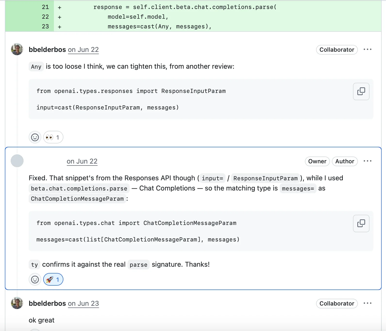 Review thread: the student corrects the suggested OpenAI type and ty confirms it