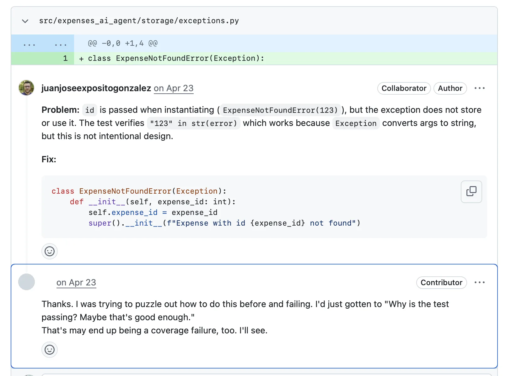 Review thread: a test that passes by accident because Exception stringifies its arguments