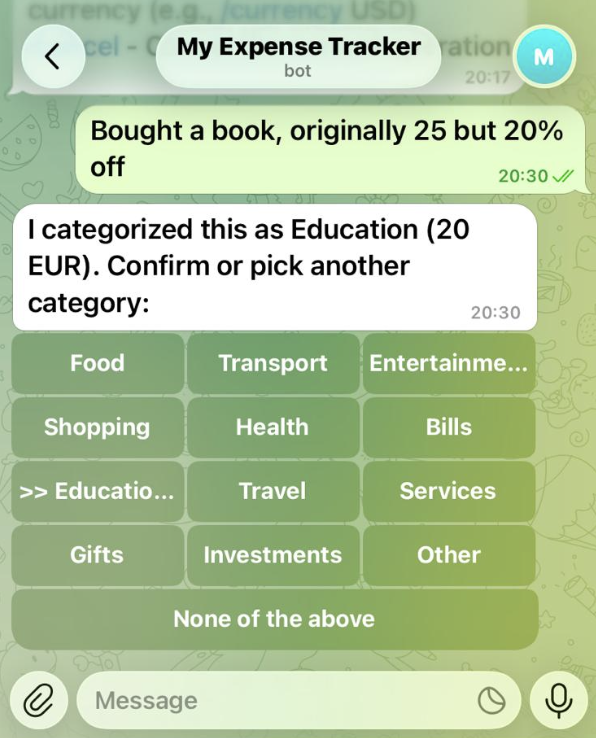 Telegram bot classifying a book purchase as Education with human-in-the-loop confirmation