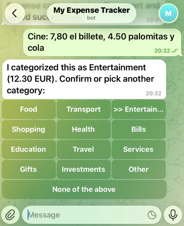 Telegram bot summing a multi-item cinema expense and classifying it as Entertainment