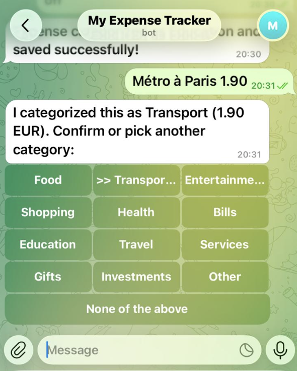 Telegram bot parsing a multilingual metro expense and confirming the Transport category
